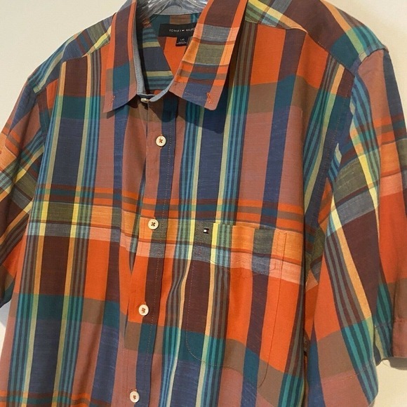 TOMMY Hilfiger Button Up Shirt Short Sleeve Orange Blue Plaid Checks Large - Picture 8 of 9